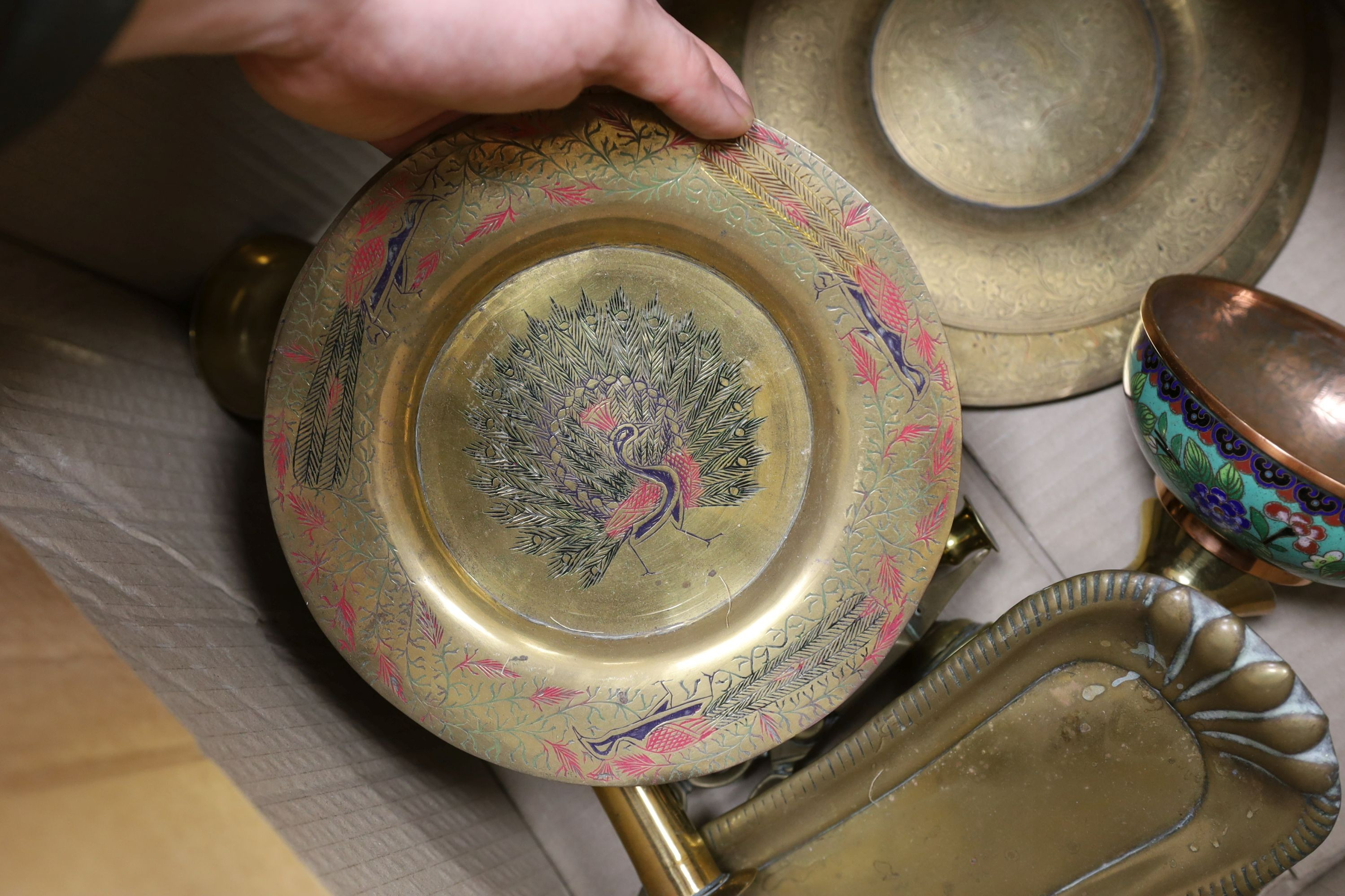 A group of assorted metalware including Indian and Persian trays